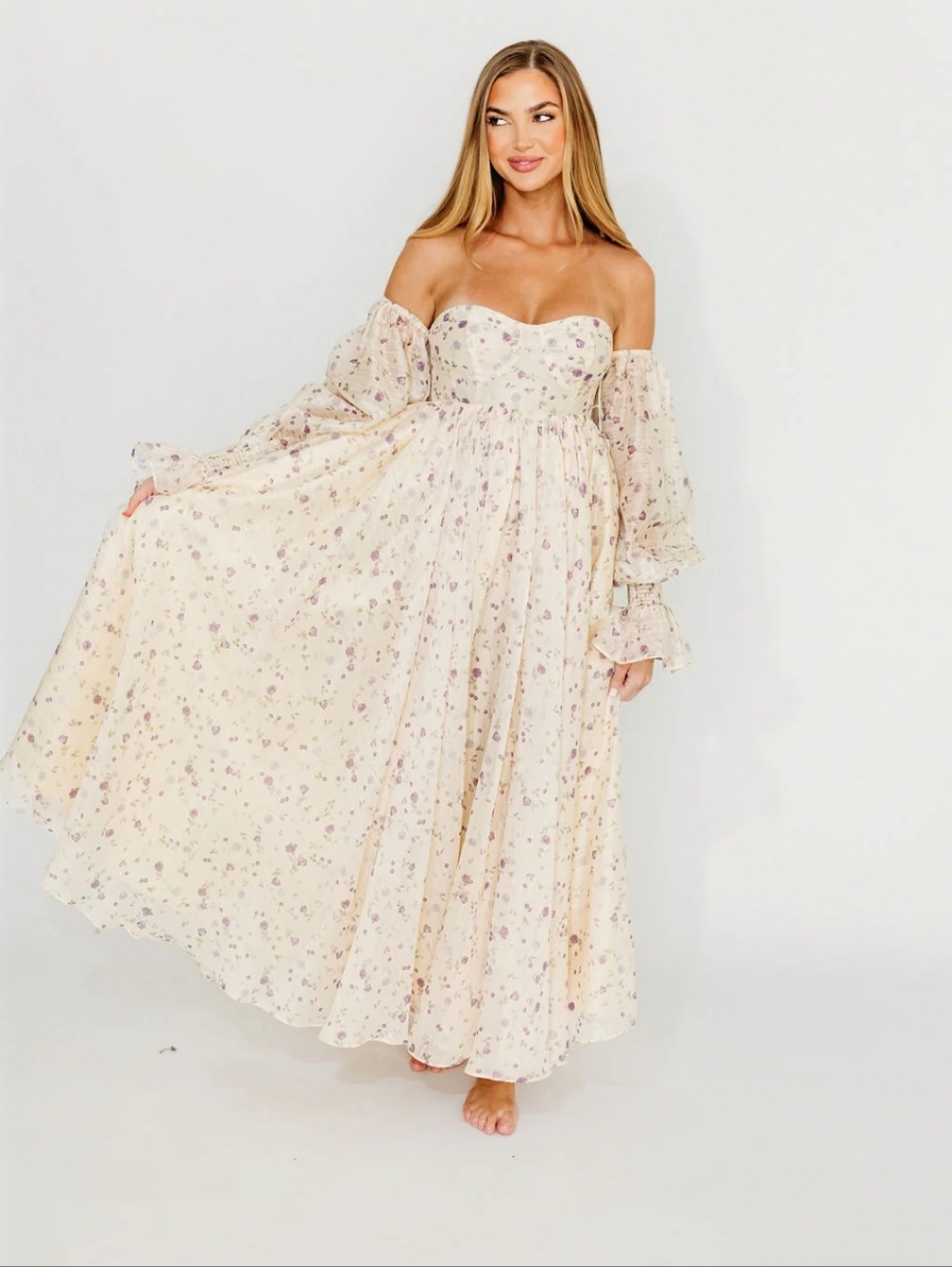 Off-Shoulder Floral Maxi Dress in Cream